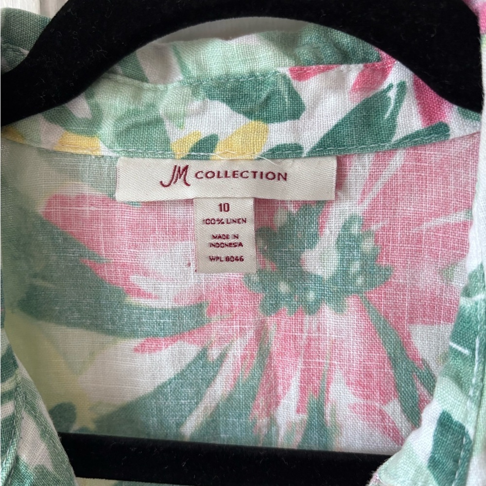 JM Collection Women’s 100% Linen 3/4 Sleeve Button Front Floral Pink /Green Top - Picture 2 of 9